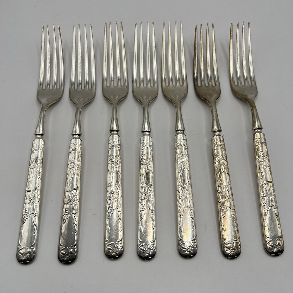 1835 R Wallace Silver Plated Dinner Fork Set Of 7 Floral Design Early 1900s